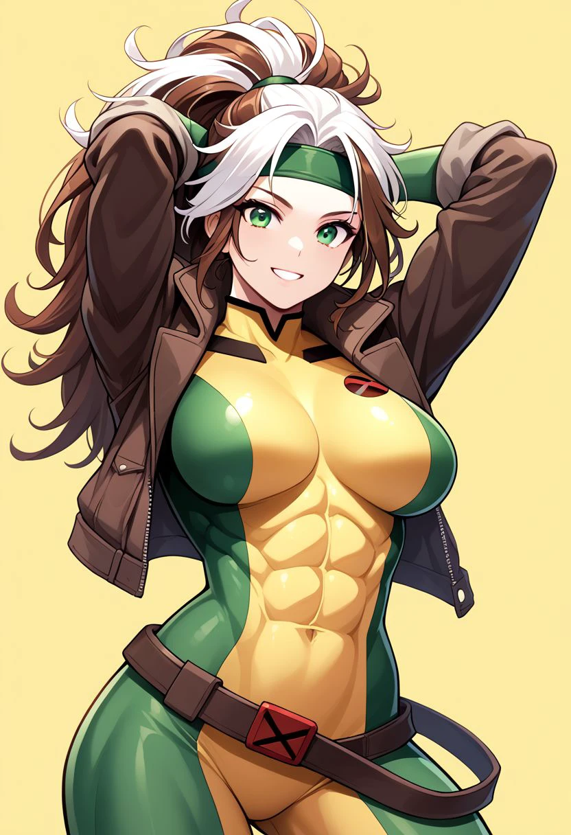 dskrge_xm3n, 1girl, abs, arms behind head, arms up, belt, bodysuit, covered navel, dyed bangs, green headband, two tone hair, messy hair, auburn hair, white hair, green eyes, brown jacket, two tone bodysuit, yellow bodysuit, green bodysuit, source_cartoon, green bodysuit, green eyes, headband, jacket, large breasts, long hair, looking at viewer, multicolored bodysuit, muscular, muscular female, open clothes, ponytail, simple background, skin tight, smile, solo, superhero, white hair, yellow background, auburn hair, score_9, score_8_up, score_7_up, score_6_up, score_5_up, score_4_up,