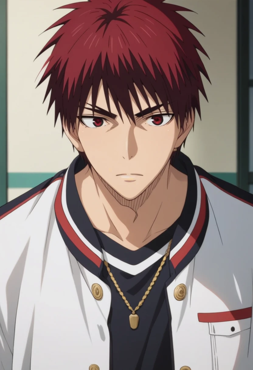 score_9, score_8_up, score_7_up, score_6_up, detailed, ,source_anime, taiga kagami, red hair, red eyes, 1boy, male focus, solo, white jacket, uniform<lora:EMS-403084-EMS:1.000000>