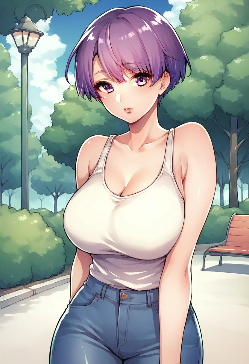 score_9, score_8_up, score_7_up, 1girl, exterior, park, short hair, purple hair, jeans, tank top, <lora:Binto_Style_PDXL:0.9> bintoxl, large breasts,