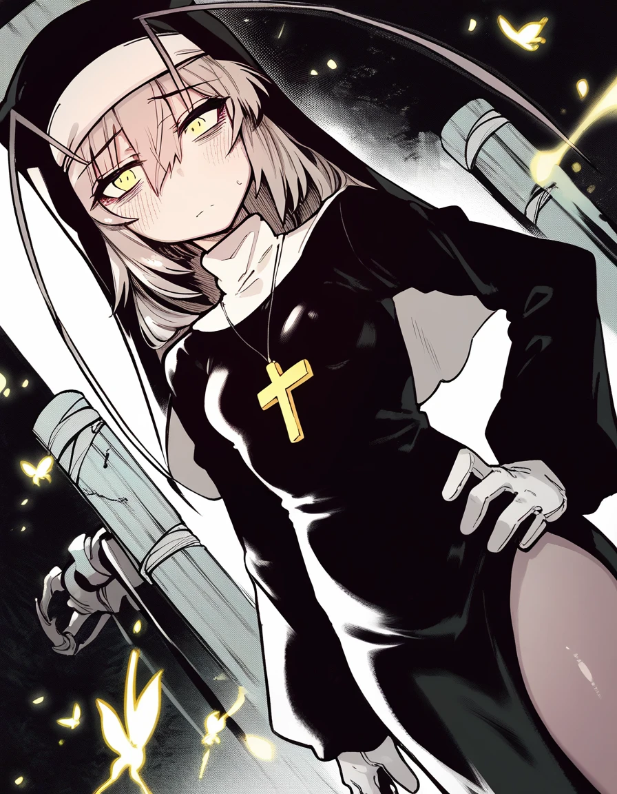 score_9, score_8_up, score_7_up,score_6_up,score_5_up,score_4_up, 1girl, , nun, cross necklace, cross, arthropod girl, jewelry, necklace, gloves,, yellow eyes, antennae, looking at viewer, letterboxed, blush, grey hair, green eyes, white gloves, hat, sweat, habit, closed mouth, long sleeves, short hair, hair between eyes, dress, hand on own hip, spot color, flat chest, breasts, black headwear, limited palette, monochrome, dutch angle,
<lora:karasu_chan_style_pony6_v1:.95>
