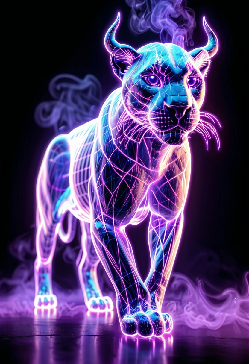 <lora:artfullyANIMALWIRE_SDXL_V1:1>, artnmlwr,  3D full body hologram of a majestic panther, 3D full body shot of a stalking panther made from neon glowing wireframe, A majestic panther made of intricate digital lines and glowing neon colors, a hyper realistic oil painting in the style of cyberpunk elements., cool lighting, dark background with a purple glow behind it, fantasy style digital art., glowing lights on its horns and skin, high resolution., in the style of digital art, neon lights and smoke around the animal, stalking majestically against the backdrop of dark purple smoke, symbolizing strength in business. Intricate glowing hologram line art in the style of digital artists., the whole figure is made up in the style of a geometric wireframe structure, ultra-detailed textures, with a dark background and neon light purple and blue smoke in the style, with purple and blue smoke in the background against a black dark background