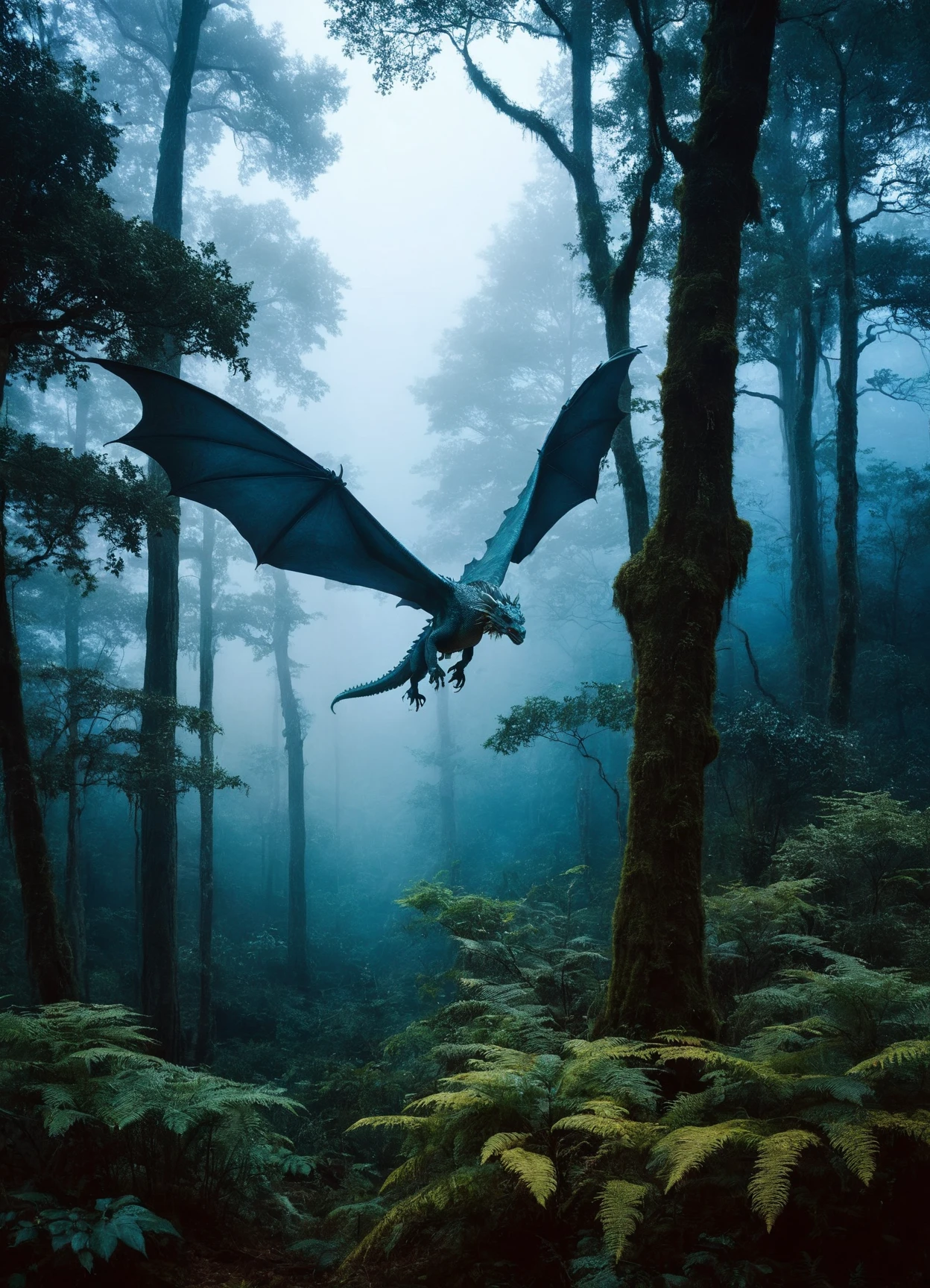 Cinematic, fantasy photography, establishing wide shot of an ancient dragon soaring above a mystical forest, dense fog creeping through the trees, blue hour, shot by Blackmagic Design Camera using Kodak Ektar 100, by Guillermo del Toro, awe-inspiring, misty ambient lighting, deep greens and ethereal blues