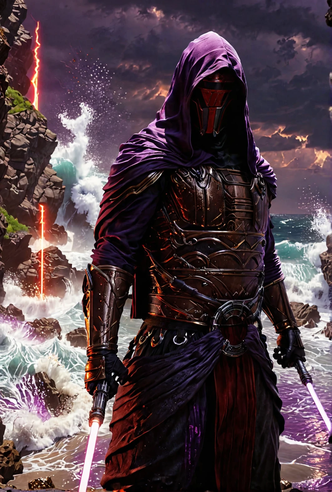 man standing holding lightsabers, intricate and detailed helmet,  rtx, field of view, cliff face, ocean, waves, dual wielding lightsabers
cinematic masterpiece, slow motion, accurate clothing, hooded, 7-DarthRevan, red and purple energy sword
[reflections, realistic lighting, light rays, beams of light, realistic, high quality photo, 4k]
 <lora:add-detail-xl:0.5> <lora:xl_more_art-full_v1:0.4> <lora:Darth Revan v1.0:0.9>