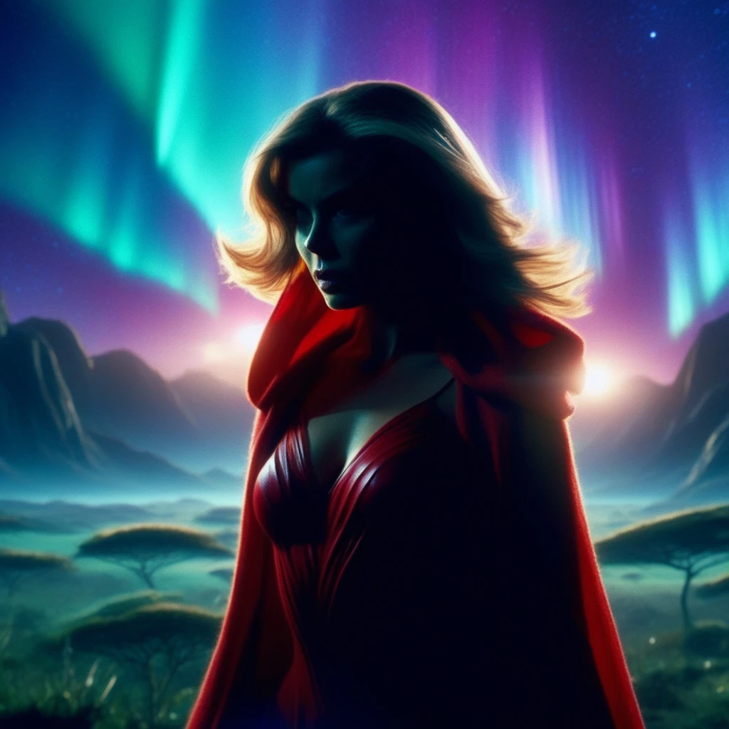 creating a serene and contemplative atmosphere. pg13 _ rating, standing in the middle of an alien landscape with aurora lights shining brightly in the sky. pg13 _ rating, wearing a red cape over her shoulders, cinematic shot of a woman with long hair