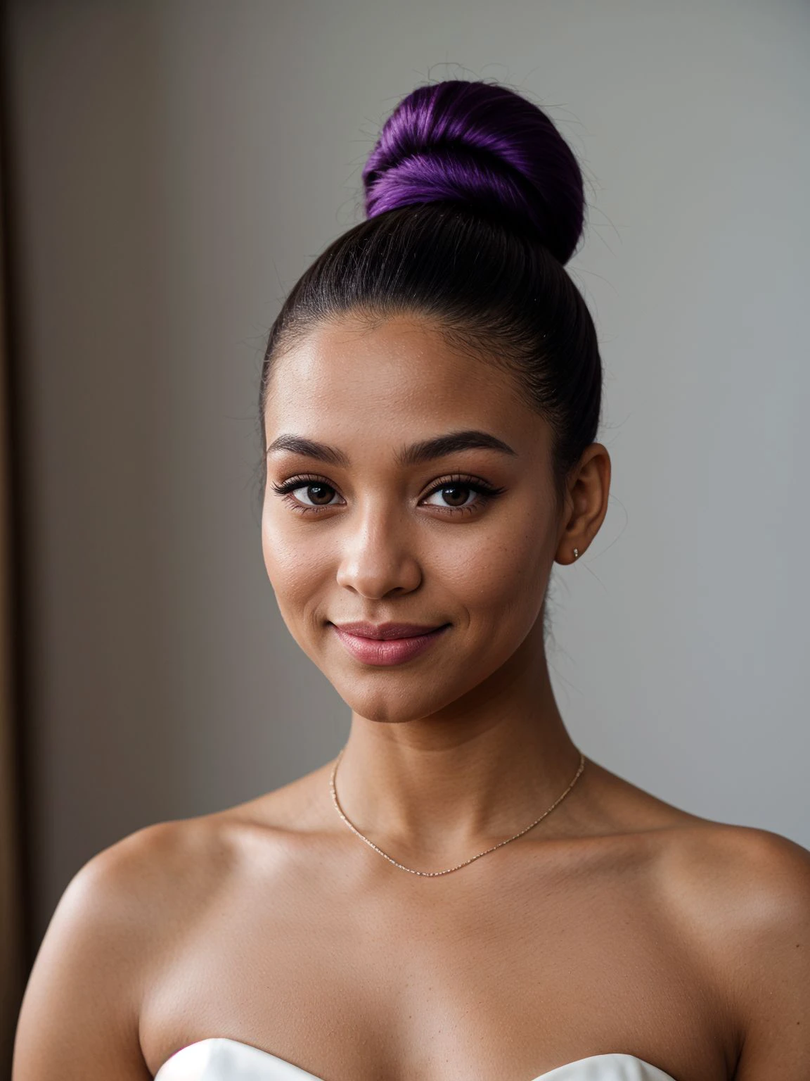 standing, <lora:high-bun:0.5> high-bun, hairstyle, purple, (looking at viewer:1.2), eyes, medium breasts,  Wedding Dress dress, office, gentle smile, <lora:lcm-lora-sdv1-5:0.75> (light skinned:1.1), ,