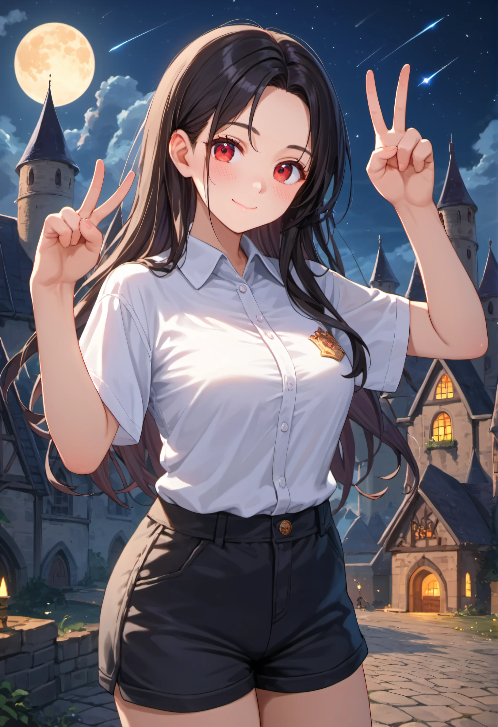 score_9, score_8_up, score_7_up, detailed, black hair, long hair, red eyes, white shirt, short shorts, black shorts, cloud, moon, full moon, Hogwarts, castle hill, night sky, street, shooting star, looking at viewer, blush, light smile, closed mouth, strong pose, (mature female:0.65), v, hand up, clenched hand,
