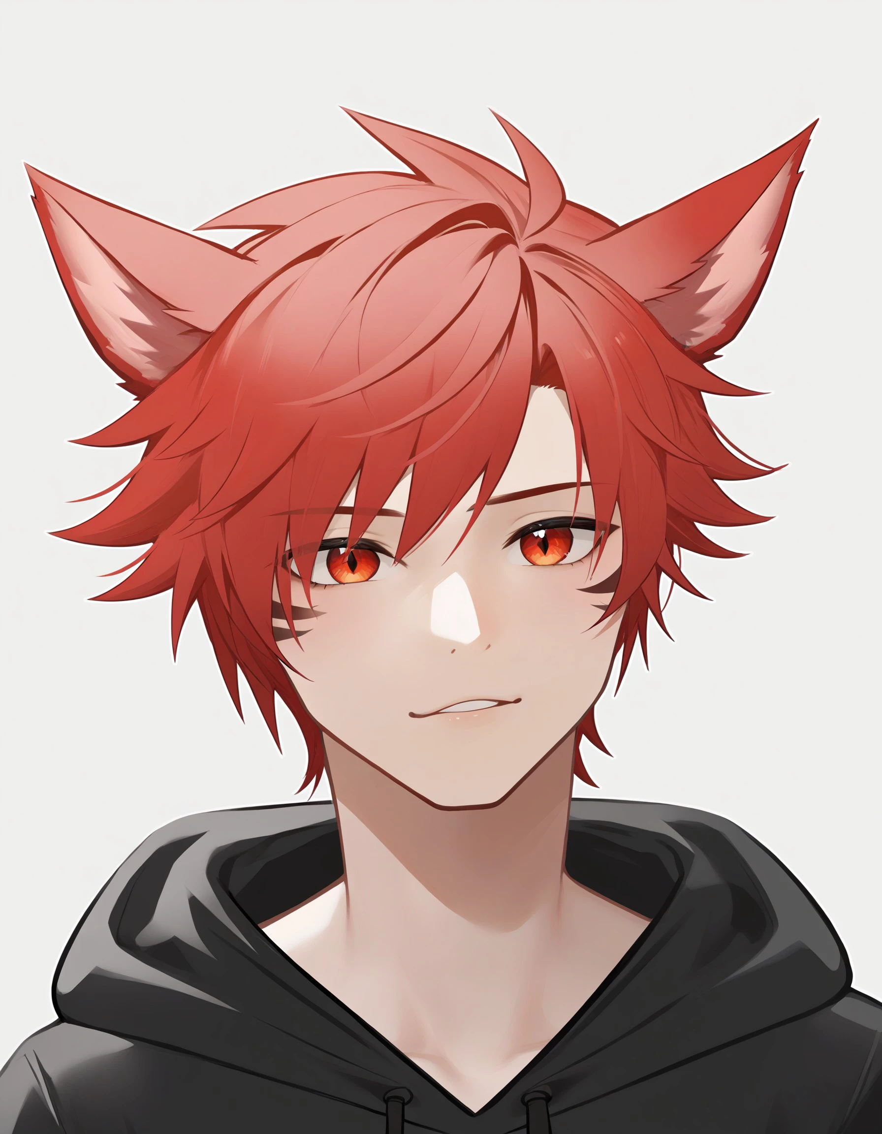 1boy animal_ears black_hoodie cat_boy cat_ears chinese_commentary colored_skin colored_tips commentary_request crystal_exarch final_fantasy final_fantasy_xiv g'raha_tia g'raha_tia grey_hair hood hood_down hoodie lajiren247 male_focus miqo'te multicolored_hair multicolored_skin red_eyes red_hair short_hair simple_background solo white_background, AGM STYLE