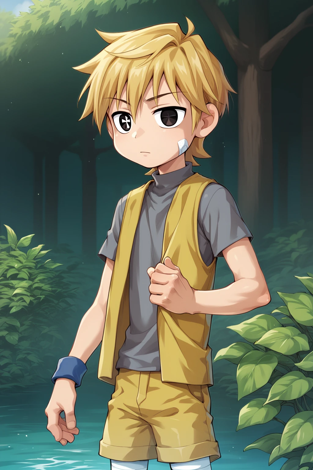 score_9, score_8_up, score_7_up, score_6_up, score_5_up, score_4_up, source_anime, cowboy shot, outdoors, 1boy, solo, kid, Aruru, black eyes, symbol shaped pupils, blonde hair, short hair, bandaid on cheek, grey shirt, opened vest, yellow vest, t-shirts, turtleneck, blue wristband, single wristband, yellow shorts, bandaged leg, <lora:Arurupony:0.85>