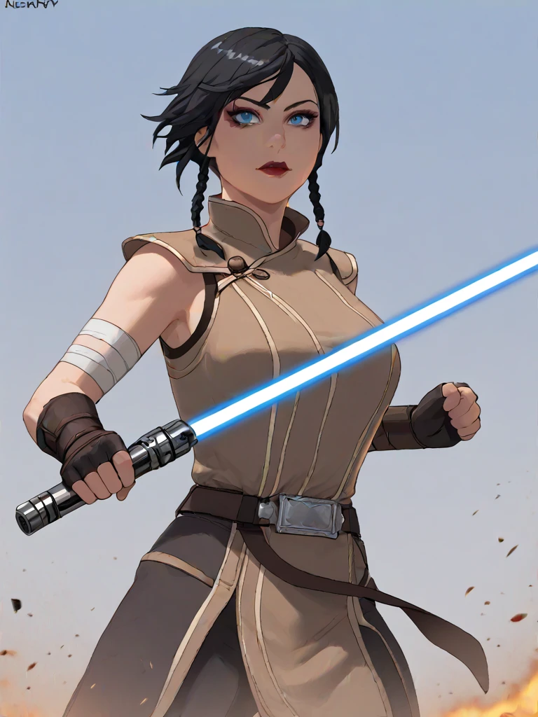 score_9, score_8_up, score_7_up, score_6_up,rating_safe,
 sateleshan, braided hair, 1girl, jedirobes,upper body portrait, blue eyes, large breasts, black hair, breasts, lightsaber, gloves, belt, sword, lipstick, fingerless gloves, energy sword, makeup, solo, weapon, battlefield, explosion in background