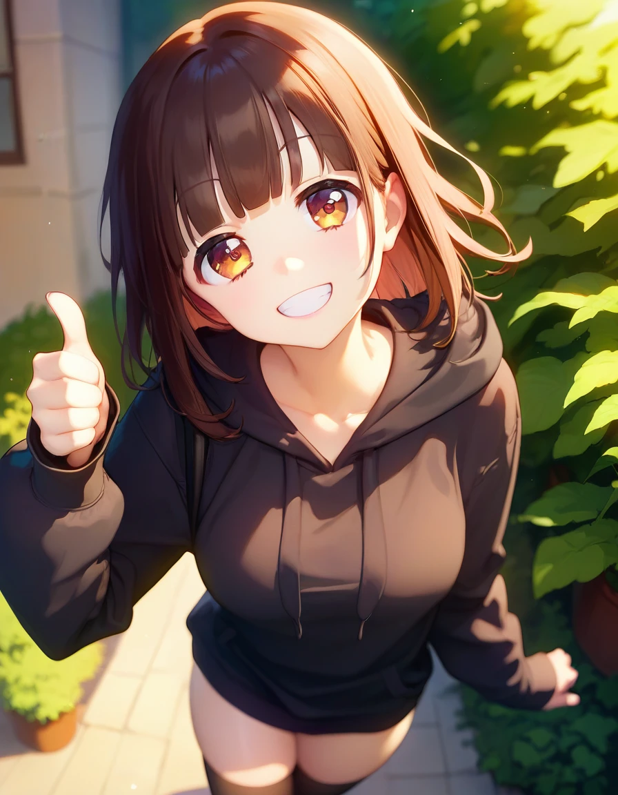 score_9,score_8_up,score_7_up,score_6_up BREAK official art,solo,outdoors,smile,upper body,(portrait:1.5),looking at viewer,facing viewer,Nanase Kurumi,medium hair,brown hair,sidelocks,blunt bangs,brown eyes,collarbone,hood down,black hoodie,sleeves past wrists,medium breasts,thumbs up,no pants,black thighhighs,loafers,<lora:Nanase Kurumi(menhera-chan)-Pony:2>,<lora:Smooth Anime Style LoRA XL:0.8>,