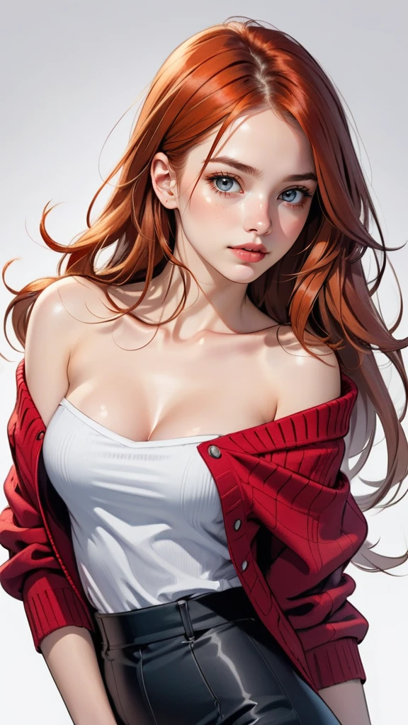 (1girl, solo, masterpiece, 8k, HDR), ginger girl, character concept art of a beautiful woman leaning over, red sweater falling off her shoulder, cleavage, extremely sexy, seductive, long hair, luscious lips, comic book art, rough colored sketch, (small breasts, big hips, looking at the viewer), (simple background, white background)