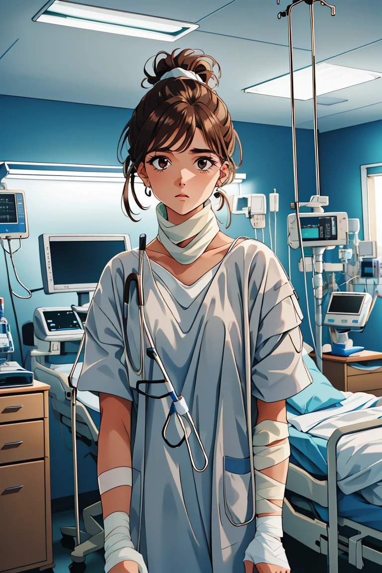 (RAW photo, best quality,facing the viewer,from front), operating room, overhead surgical light,blurred background, focused, dithering,backlighting,
<lora:CM_Patient_Bandaged_V2.0-000004:0.8> patient_bandaged, 1girl, solo, hospital bed, intravenous drip, bandages, monitor,
 <lora:Klaviana_V1.0:0.8> (klaviana,brown hair, brown eyes,folded ponytail, 1990s (style)),