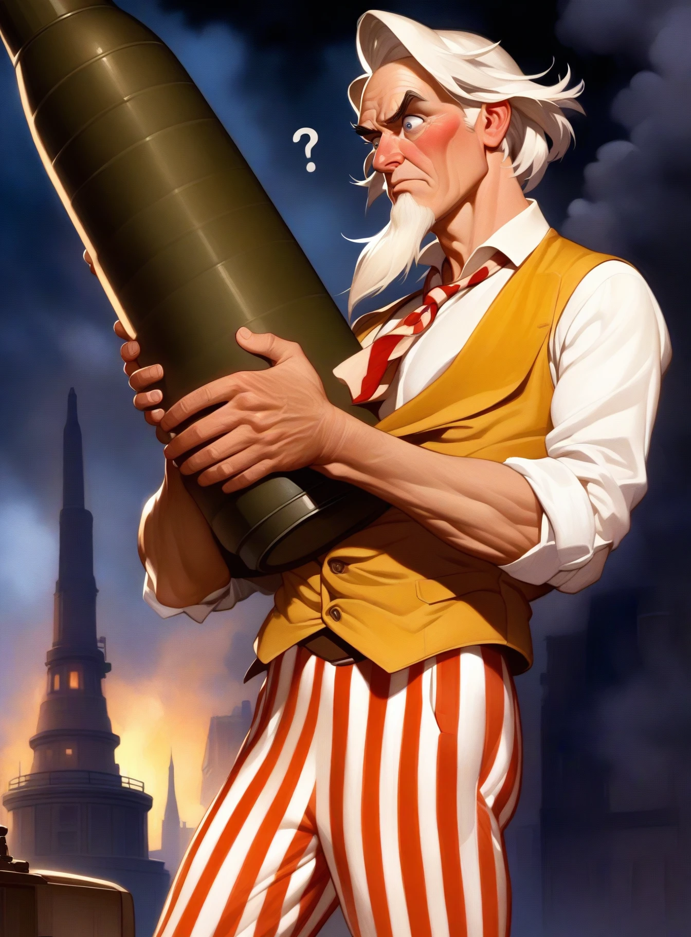 masterpiece, best quality, very aesthetic, absurdres, <lora:uncle_sam_animagine_xl_3_1_v01-000020:1>uncle sam, 1boy, male focus, white hair, long goatee, red vertical-striped pants, yellow vest, white shirt, sleeves rolled up, red undone necktie, light-skinned male, surprised, ?, looking to the side, from the side, half body, standing, night, <lora:J.C. Leyendecker Style:1>j.c. leyendecker style - uncle sam holding a giant artillery shell in both hands, looking down, soot on face, (smoke in the background:0.75), dramatic, masterpiece