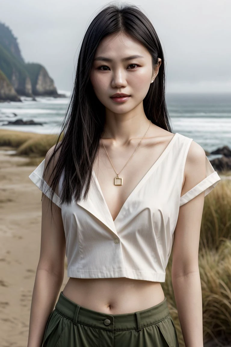 Asian woman, closeup, (shirt), pants, (oregon coast), cross necklace , KM_chantana, wide shoulders, perfect face, (contact iris: 1.1), pale skin, skin pores , depth of field