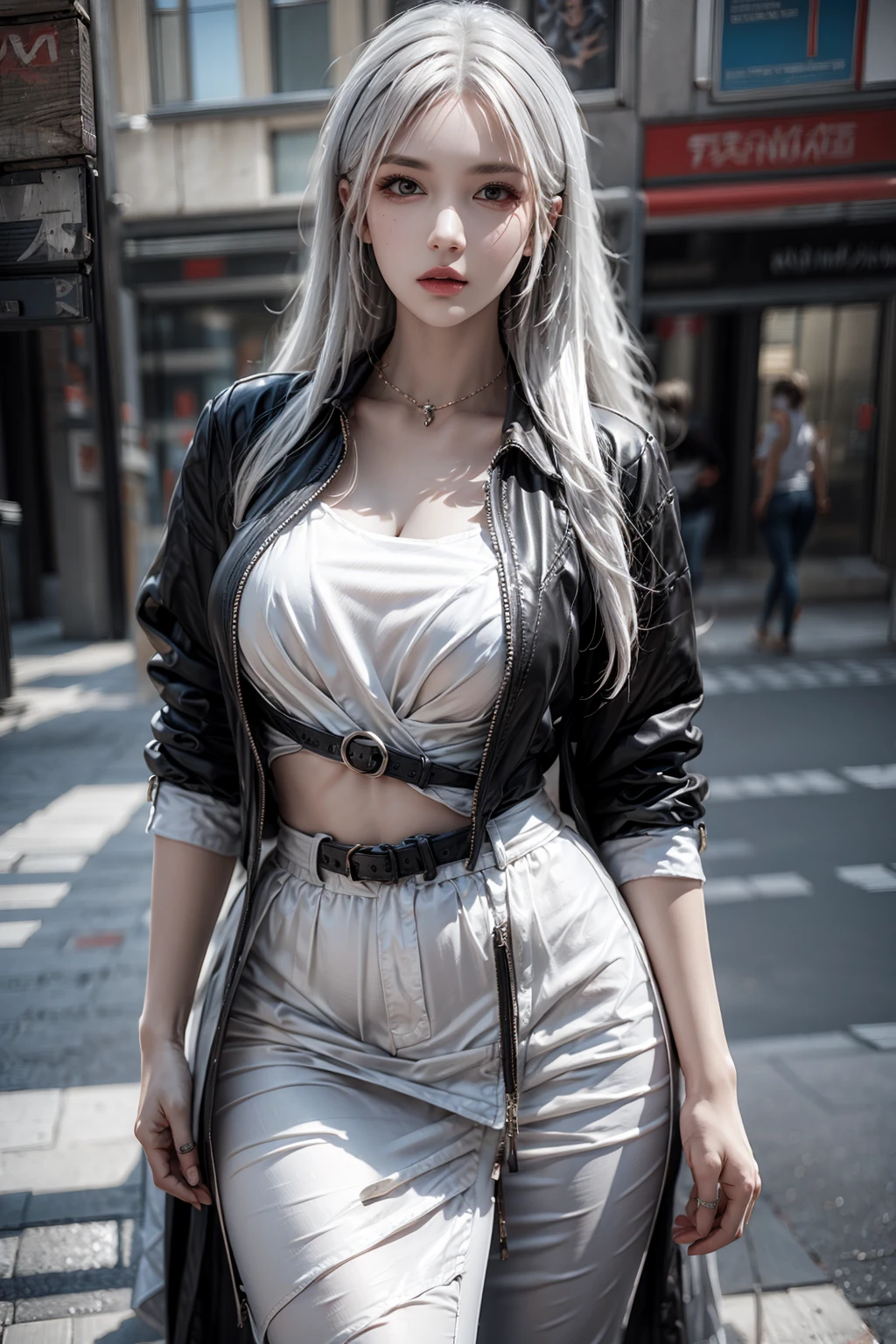 photorealistic, high resolution, 1women, mature female, solo, hips up, look at viewer, (detailed face), white hair, long hair, street wear