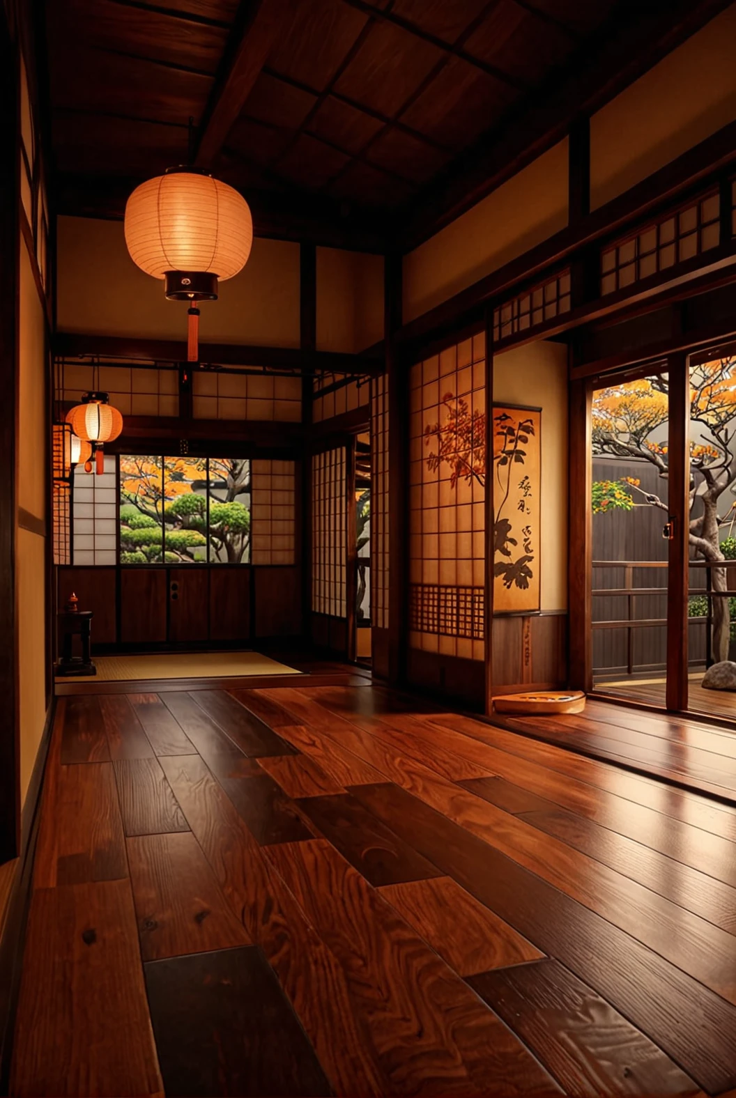 inside japanese house, detailed flooring, realistic positions, warm lanterns, walnut wood grain
[reflections, vibrant lighting, realistic, high quality photo, 4k, hd, 7-JapaneseArchitecure]
   <lora:Japanese Architecture v1.0:0.5>