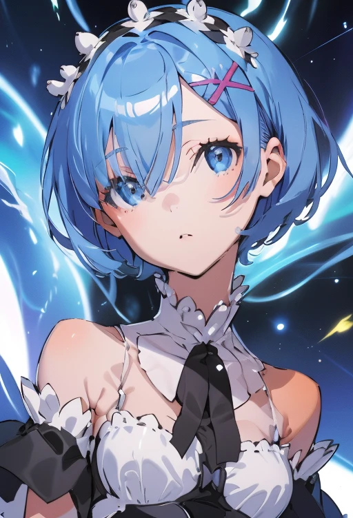 leimu, 1girl,solo,  blue eyes, rem \(re:zero\), x hair ornament, halterneck, short hair, blue hair,