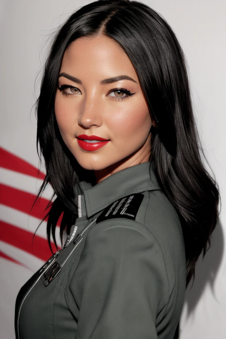 oliviamunn, ((red lipstick, eye shadow, eyeliner, blush)), ((detailed eyes, beautiful eyes, detailed face, beautiful face):1.2), , photo of a woman, air force uniform, pilot uniform, fighter pilot, jet fighter cockpit, military badges, slight smile
