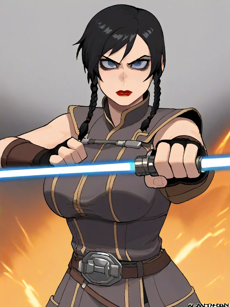 sateleshan, braided hair, 1girl, jedirobes,upper body portrait, blue eyes, large breasts, black hair, breasts, lightsaber, gloves, belt, sword, lipstick, fingerless gloves, energy sword, makeup, solo, weapon, battlefield, explosion in background