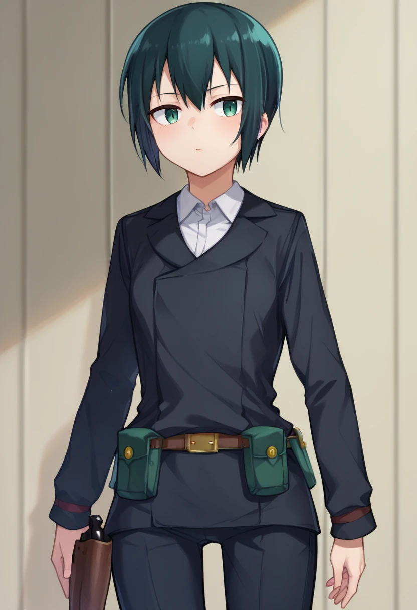 score_9,score_8_up,score_7_up BREAK <lora:kino:1>,kinoSDXL,1girl,solo,short hair,shirt,black hair,long sleeves,jacket,white shirt,collared shirt,belt,pants,black jacket,gun,black pants,green eyes,pouch,brown belt,holster,belt pouch,tomboy,kino (kino no tabi),cowboy shot,room,room background,