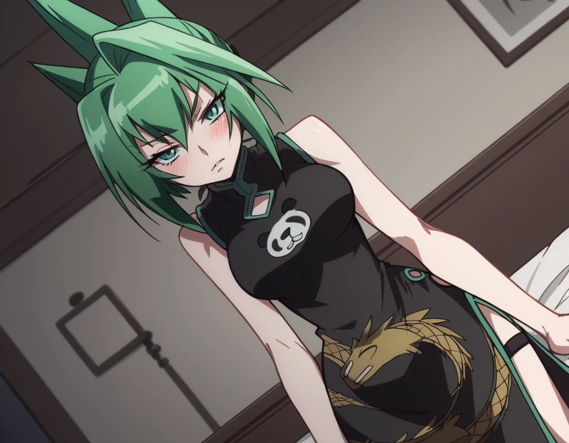 score_9, score_8_up, score_7_up, source_anime,
juntao, <lora:jun-tao-2021-s1-ponyxl-lora-nochekaiser:1>,
jun tao, green eyes, green hair, hair between eyes,
animal print, bear print, black dress, china dress, chinese clothes, dress, air, hip vent, panda print, side slit, sleeveless, sleeveless dress, thigh strap,
indoors, bed, bed room, on side, blush, drunk,
looking at viewer, cowboy shot, solo, dutch angle