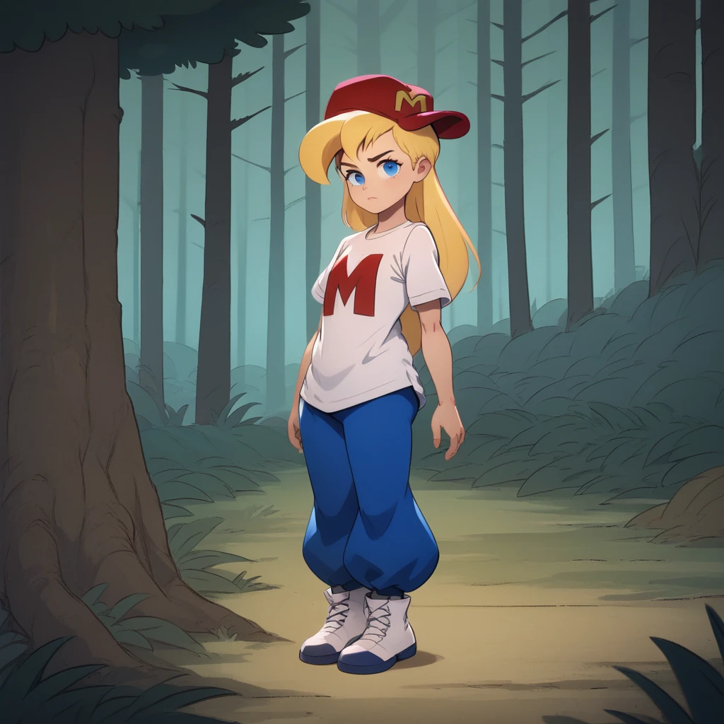 score_7_up, BREAK, 1girl, solo, Maxine, blonde hair, long hair, blue eyes, red hat, white shirt, short sleeves shirt, blue pants, white footwear ,<lora:Maxine_MightyMax_PXL_Leaf1:1>, full body, forest,