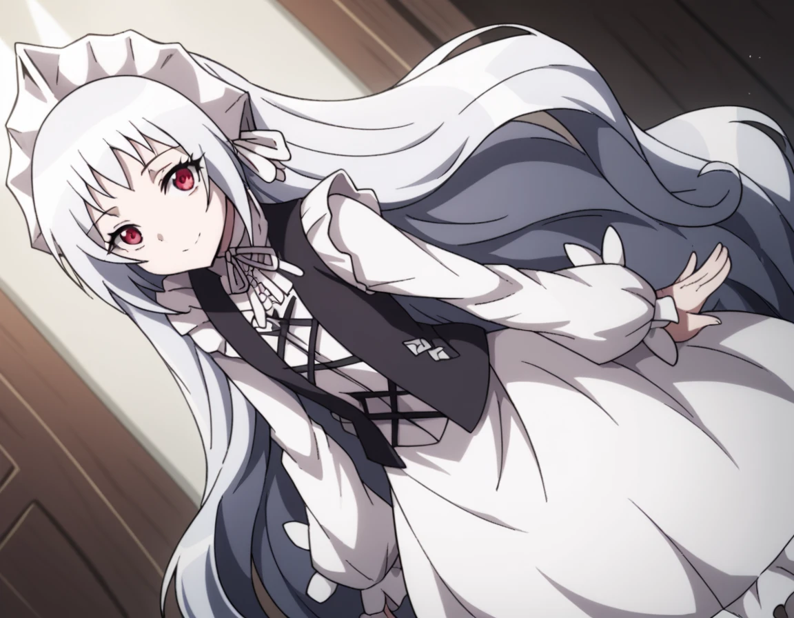 Mikasa Ackerman, adorned with high heels, amidst a dimly lit indoor setting. Her snow-white hair cascades down her back, framing her intense, piercing blue eyes that seem to gaze directly at the viewer. The contrast of her dark, sleek hair against her flawless, ivory complexion is further accentuated by the rosy blush that graces her cheeks. Her outfit consists of a stylish, form-fitting dress that emphasizes her perfect figure, complete with the characteristic asymmetrical neckline of her signature attire. The dress' hem, grazing just above her knees, reveals a pair of polished, black high heels that add an alluring edge