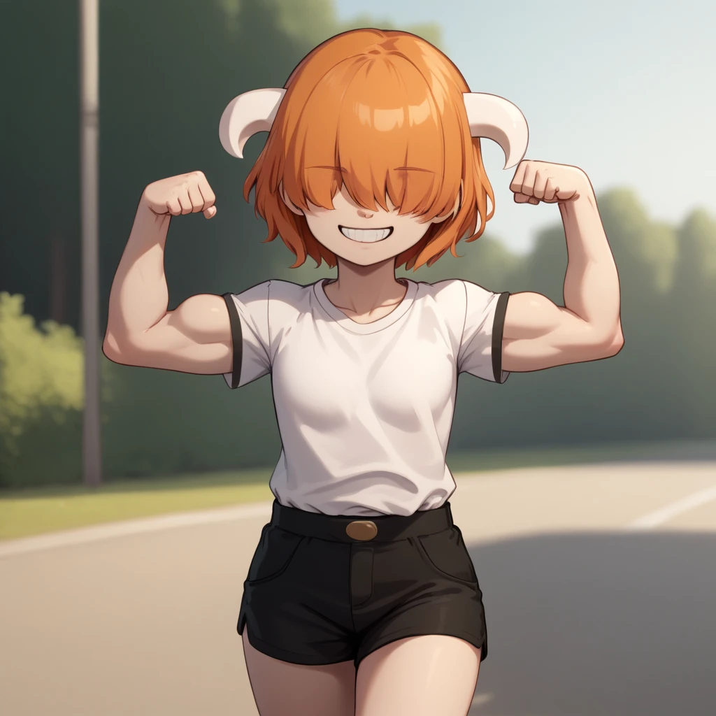 score_8_up, BREAK, source_cartoon, JamieRusso, solo, 1girl, orange hair,  hair over eyes, short hair, horns, white shirt, short sleeves, black shorts, <lora:Jamie_Russo_PXL_Leaf1:0.8>, cowboy shot, outdoors, grin, flexing, blurry background,