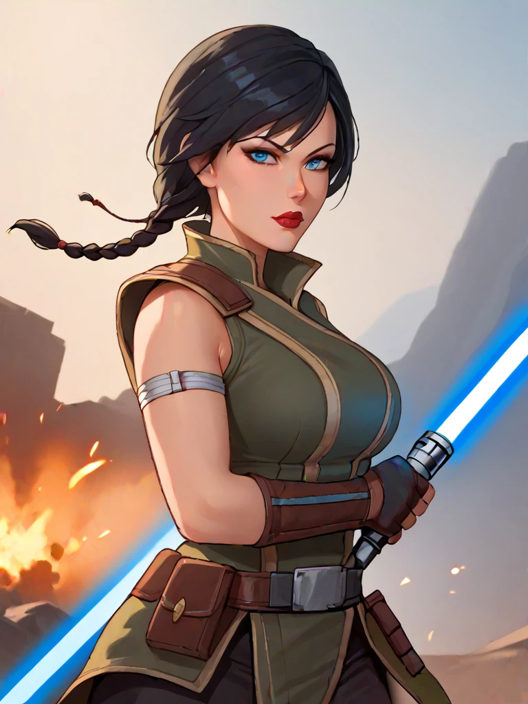 score_9, score_8_up, score_7_up, score_6_up,rating_safe,
 sateleshan, braided hair, 1girl, jedirobes, upper body portrait, blue eyes, large breasts, black hair, breasts, blue lightsaber, gloves, belt, sword, lipstick, fingerless gloves, energy sword, makeup, solo, weapon, battlefield, explosion in background