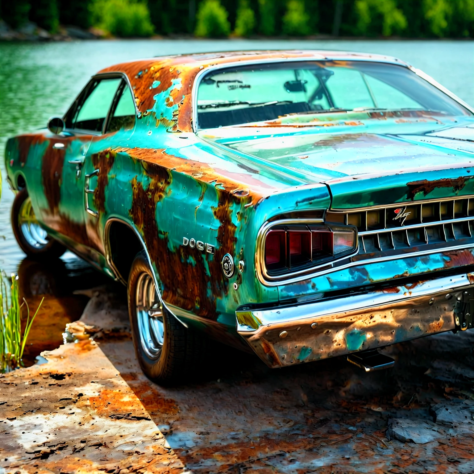 high-resolution 8k realistic photograph of a patina metal skin,  pms style 68DodgeXL at a lake at noon, sunshine, studio lighting, rim lighting, shallow depth of field, <lora:68DodgeXL:0.85>   <lora:Patina_Metal_Skin:1>