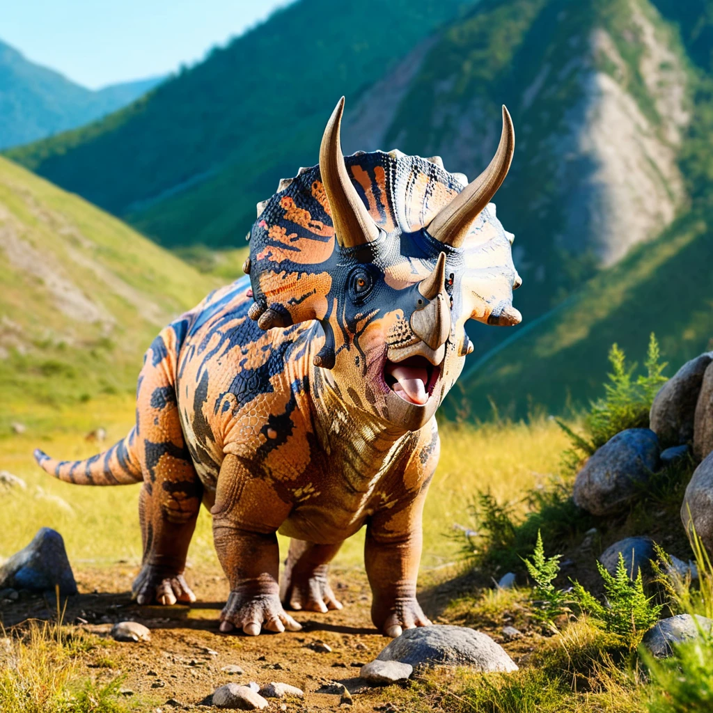 high resolution photo, 8k, happy triceratops in the mountains <lora:TriceratopsXL0_4:1>