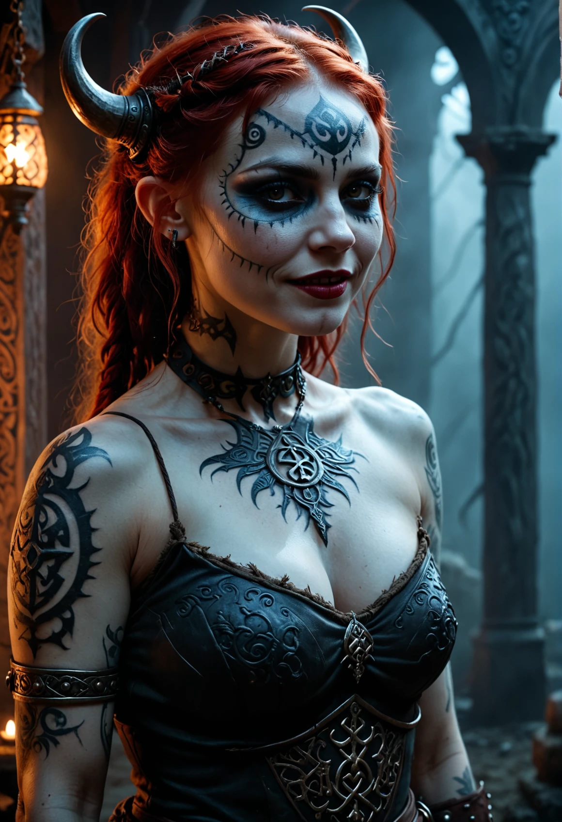 Horror-themed sfw ral-blacklight,cinematic film still 1 woman,busty,solo,(pale skin:1.3),face tattoos,tattoos,dvr-trd,red haired Viking goddess,viking body tattoos,demonic runic symbols,amazing cleavage,dusty Scandinavian background,fog,detailed skin,day of the dead,Ultra-HD-details,true to life,approaching perfection,dynamic,highly detailed,smooth,sharp focus,art by Carne Griffiths and Wadim Kashin,trending on artstation,sharp focus,intricate details,highly detailed,by greg rutkowski,mysterious,ral-blacklight,epic,cinematic,create a photo realistic image that the viewer has never envisioned before,the image should demonstrate extreme creativity,imaginative,bold,inspiring,original in subject,original in style,amazing composition,intricately detailed,absurdly complex,. shallow depth of field,vignette,highly detailed,high budget,bokeh,cinemascope,moody,epic,gorgeous,film grain,grainy, Demon style,Demon style,horror,blood,smile,ghost,barbarian, . Eerie, unsettling, dark, spooky, suspenseful, grim, highly detailed