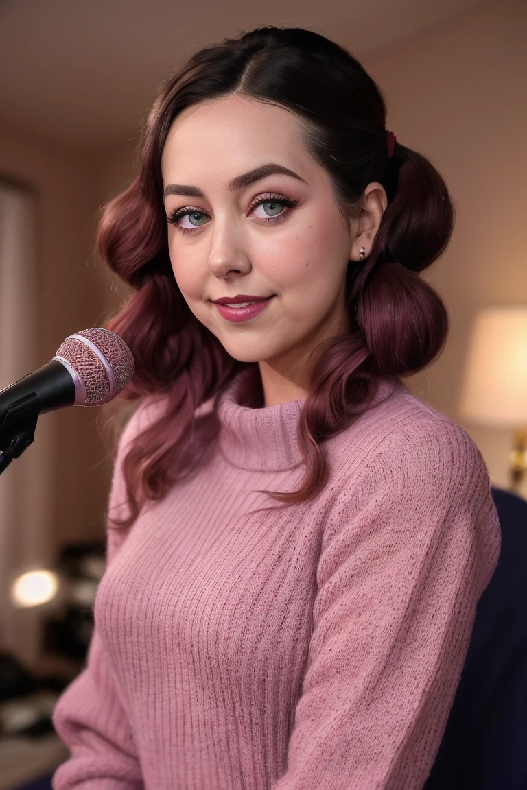 emmafuhrmann, ((red lipstick, blush)), ((detailed eyes, beautiful eyes, detailed face, beautiful face):1.2), photo of a woman, RAW, ((sweater, home office, bedroom, broadcaster microphone)), ((twintails, short hair)), 8k uhd, dslr, soft lighting, high quality, film grain, Fujifilm XT3 sharp focus, f 5.6 , smiling
