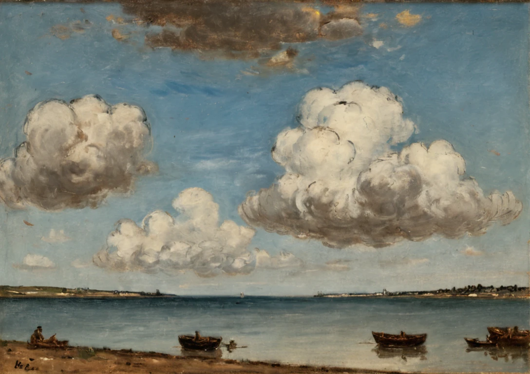Eugene Boudin Arcpastel of clouds in a blue and brown sky over a blue and brown sea, 1855, Realism, cloudscape, France, Sky, Water, 1850s, 1800s, morning