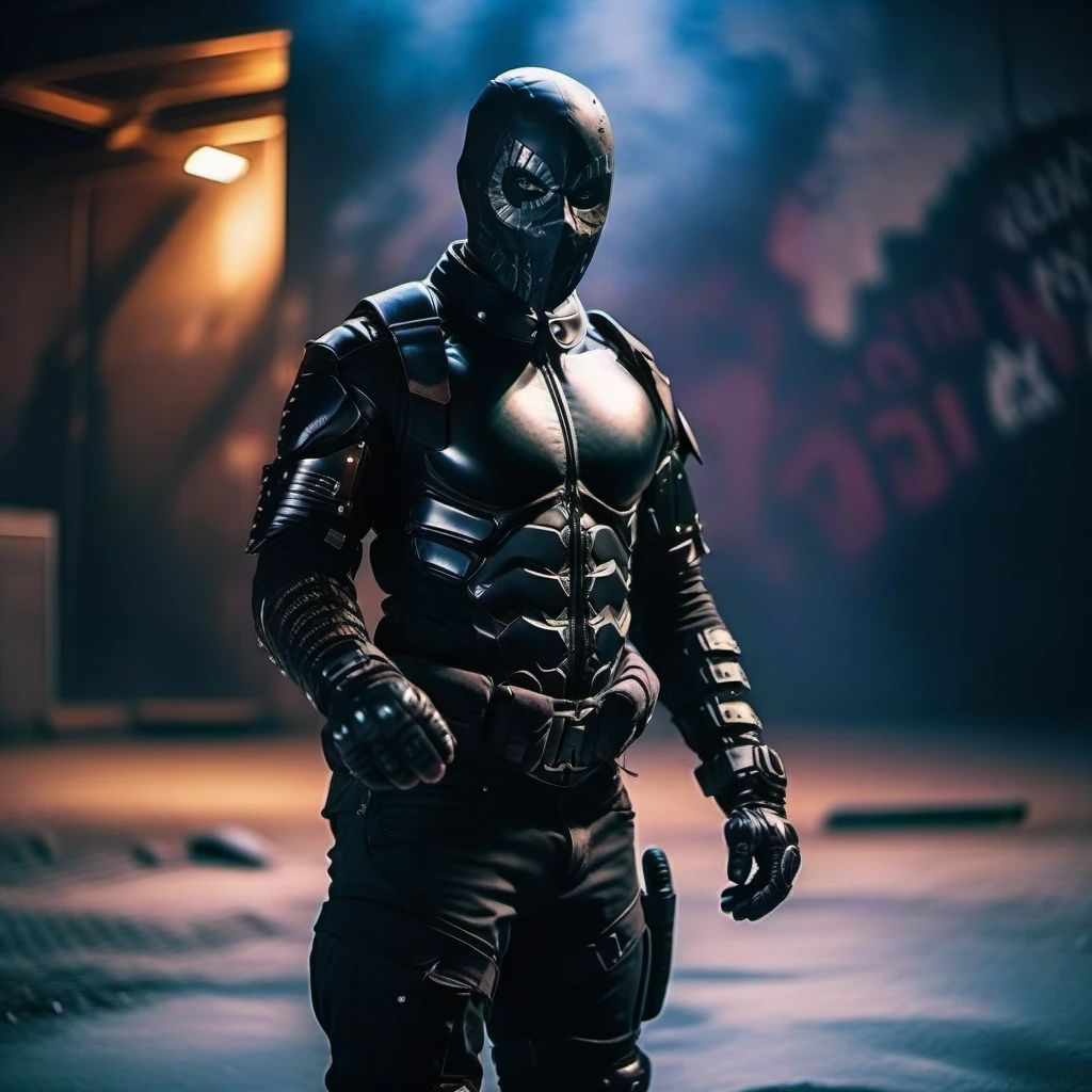 cinematic photo  man with a black mask in an black armored bodysuit, black gloves, black cargopants, shoulder armor, breast plate, black military boots, dark, spraypaint a wall with streetart <lora:Rendel1024-000150:0.8> . 35mm photograph, film, bokeh, professional, 4k, highly detailed