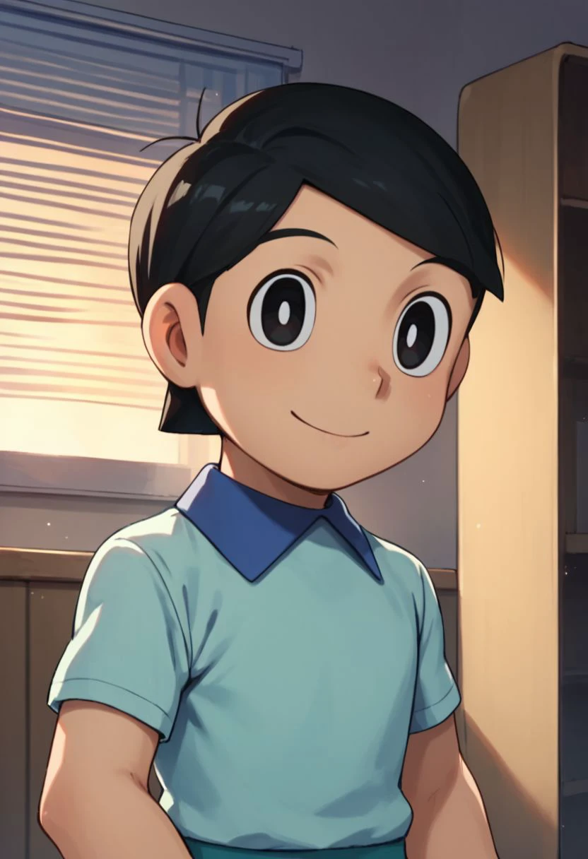 score_9,score_8_up,score_7_up,source_anime,1boy, solo,looking at viewer, Hidetoshi Dekisugi,black hair, smile, Blue shirt,short shirt, smile, indoors, upper body, one_eye_closed, black eye, thumb_up,