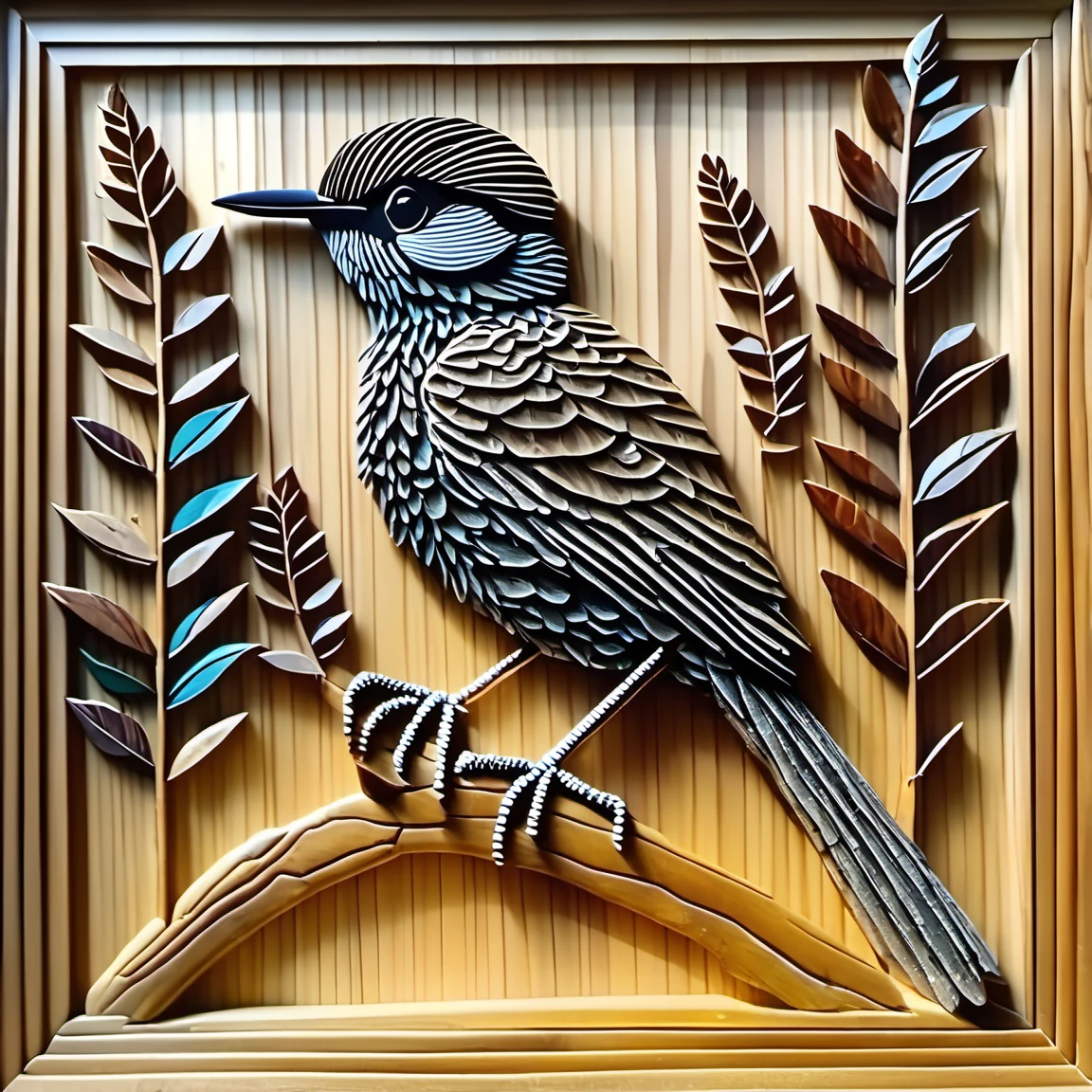 woodenart, a bird is sitting on a branch in a wooden frame<lora:woodenart:1>