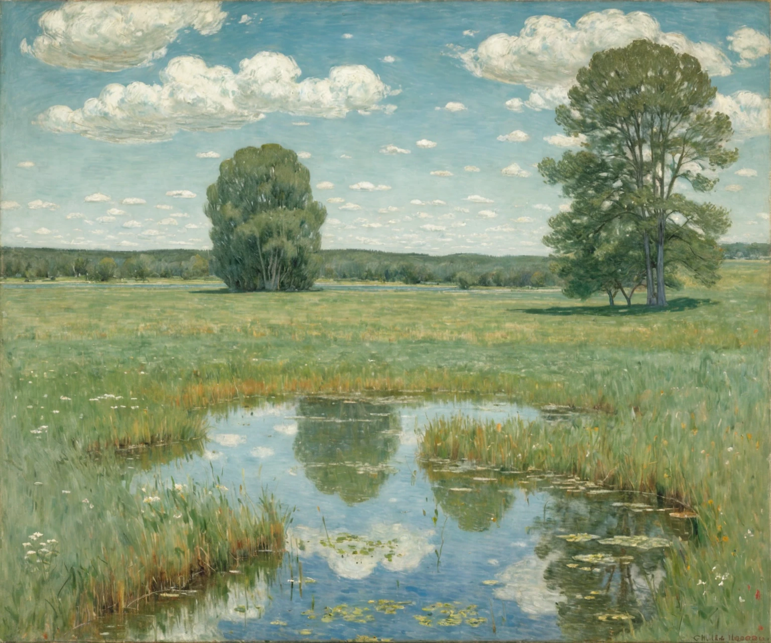 A meadow with a pond and trees and a rock and a blue sky with some clouds, Childe Hassam, Impressionism, landscape, <'EM_1'> , canvas, Brooklyn Museum, fields and plains, forests and trees, Natural environment, Natural landscape, Atmospheric phenomenon, Tree, Grass, Wetland, morning