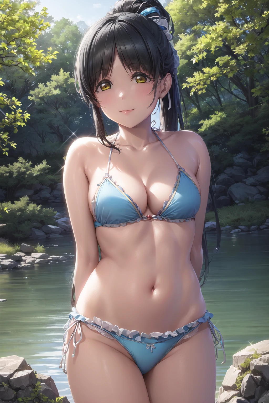 (masterpiece, best quality, ultra-detailed), (illustration), (beautiful detailed eyes), (1girl), (solo),  hazuki ren, black hair, yellow eyes, (long hair:1.1), high ponytail, (hair ribbon:1.2), <lora:ren-04:1>,medium breasts, parted bangs
(bikini, collarbone), cleavage,
(arms behind back:1.1), standing,
(cowboy shot), (tareme), smile, closed mouth,
(outdoors, greenery, trees, forest, lake, rocks, water:1.1), ,depth of field, , <lora:1651489307798708599:0.4> <lora:add_detail:0.2> <lora:tareme:0.4>, <lora:LowRA:0.2>  <lora:GoodHands-vanilla:1>