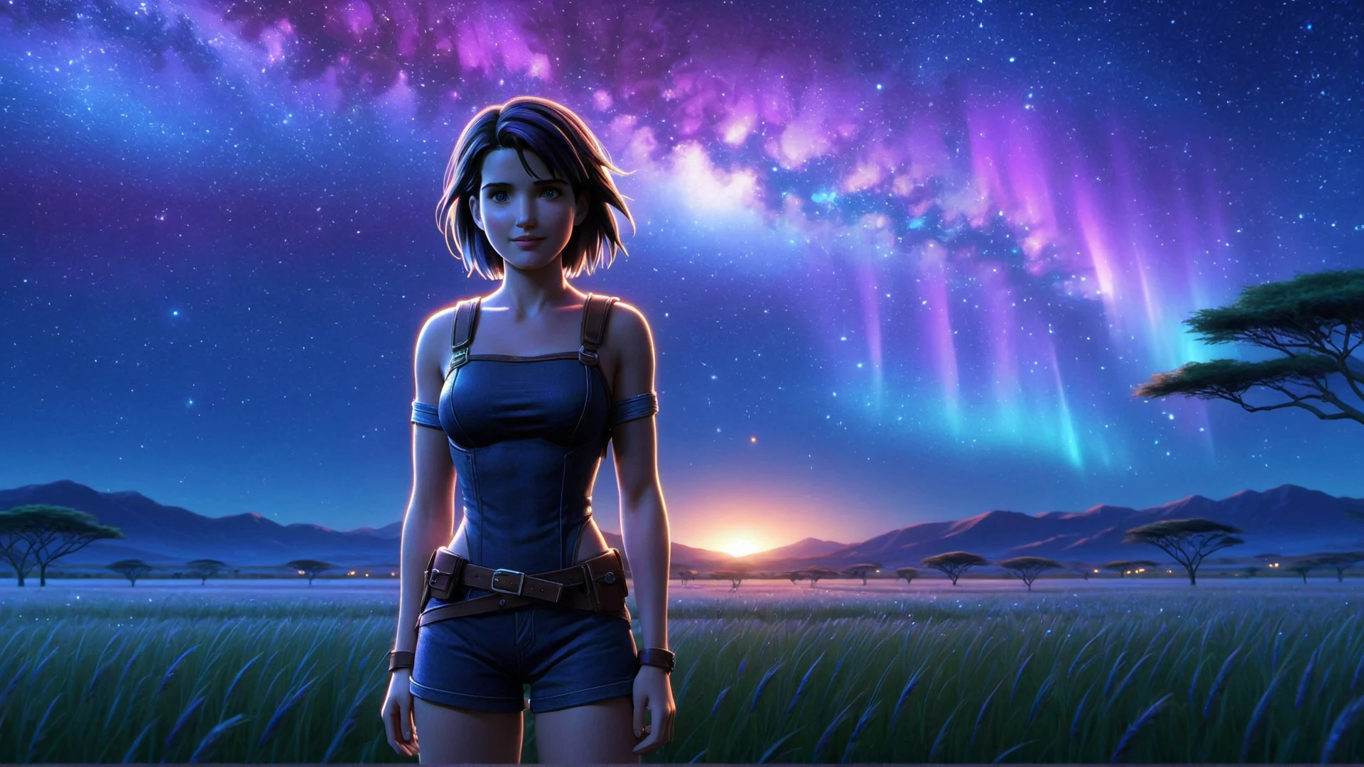 (((masterpiece))) , (((best quality))) , anime style, 2d, well-built charming 1girl, solo, lovely 1girl, 
AncestralPlane, full body view of beautiful gorgeous Cobie Smulders, standing in an open field under a brilliant night sky, shy smile, she has Shaved sides hair, key visual, 