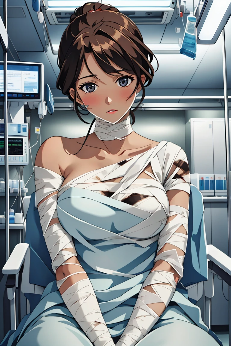 (RAW photo, best quality,facing the viewer,from front), operating room, overhead surgical light,blurred background, focused, dithering,backlighting,
 <lora:CM_Patient_ICU_Bandaged_V2.0-000004:0.85> patient_bloodyband_icu, 1girl, solo, bandages, intravenous drip, hospital bed, bandaged head, lying, 
 <lora:Reachel _Skalmon_V1.0:0.8> reachel skalmon, 1girl, solo, mature female,brown hair, brown eyes,