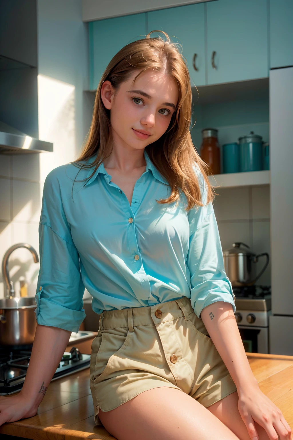  photograph of (1girl, 24 years old, slight smile)>, <lora:ZH_EVasilenko_v11.5:1>, zh_evasilenko, solo, realistic, brown eyes, looking at viewer, wearing (loose button shirt and shorts)