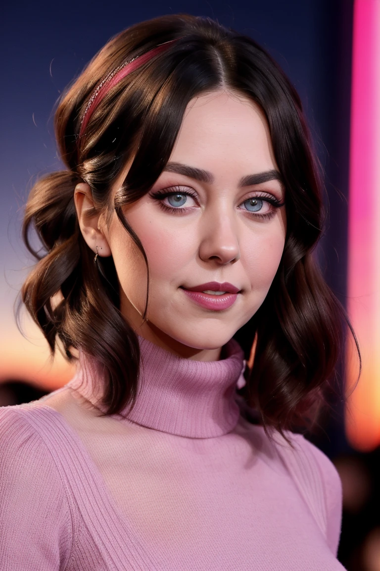 emmafuhrmann, ((red lipstick, blush)), ((detailed eyes, beautiful eyes, detailed face, beautiful face):1.2), , photo of a woman, ,beautiful picture, fully clothed, turtleneck sweater, skirt, thighhighs, outside, carnival, festival, sunset, detailed, ,walking