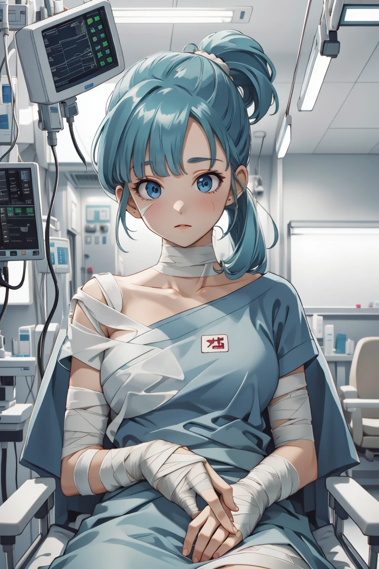 (RAW photo, best quality,facing the viewer,from front), operating room, overhead surgical light,blurred background, focused, dithering,backlighting,
 <lora:CM_Patient_ICU_Bandaged_V2.0-000004:0.85> patient_bloodyband_icu, 1girl, solo, bandages, intravenous drip, hospital bed, bandaged head, lying, 
 <lora:bulma_9:0.7> bulma,blmlong, long hair, large breasts,1girl,solo,