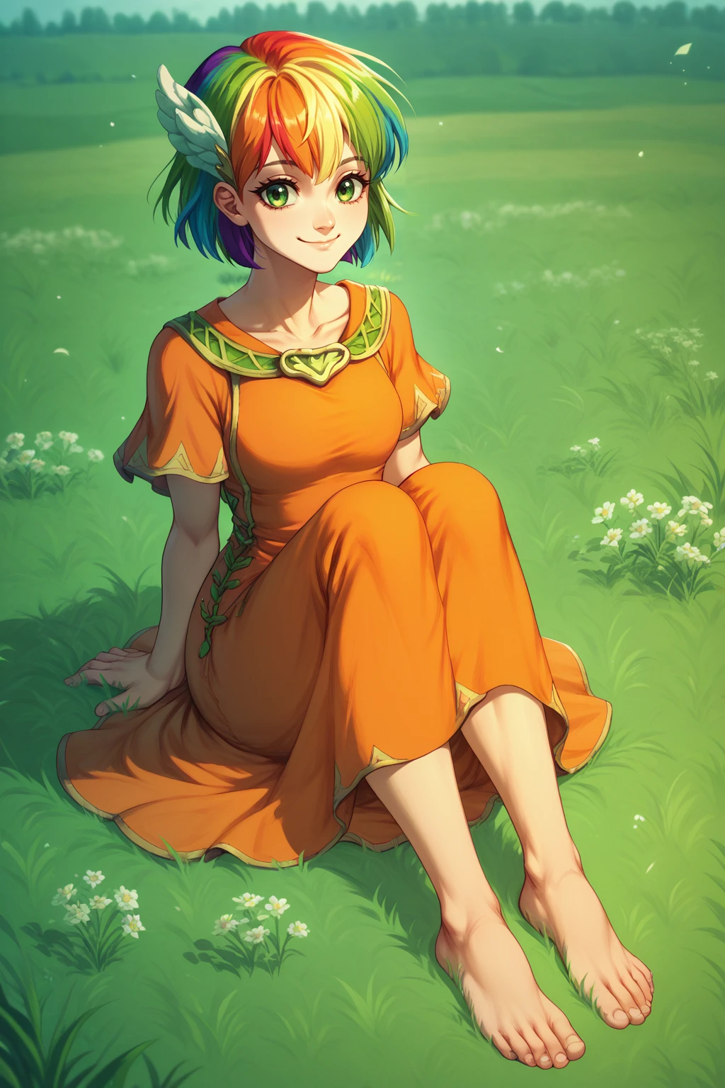 score_9, score_8_up, score_7_up, <lora:NSPriscillaFE7:0.9> NSPriscillaFE7, rainbow hair, green eyes, short hair, wing hair ornament, orange dress, bare feet, grass field, sitting, smile, happy