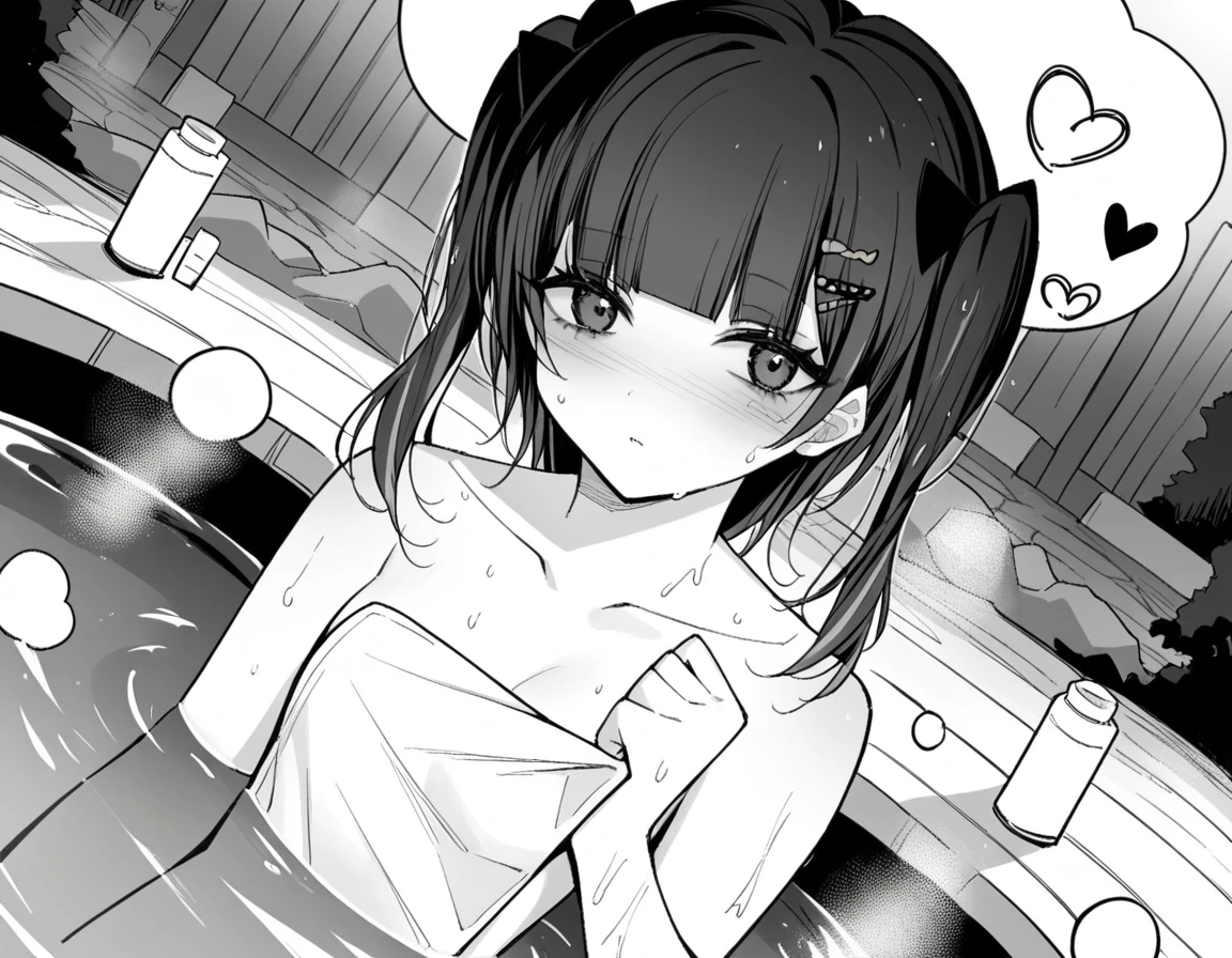 (top-quality masterpiece)1 girl in The girl is taking a bath and her chest is hidden by steam bath Girl taking a bath Shy look Family room