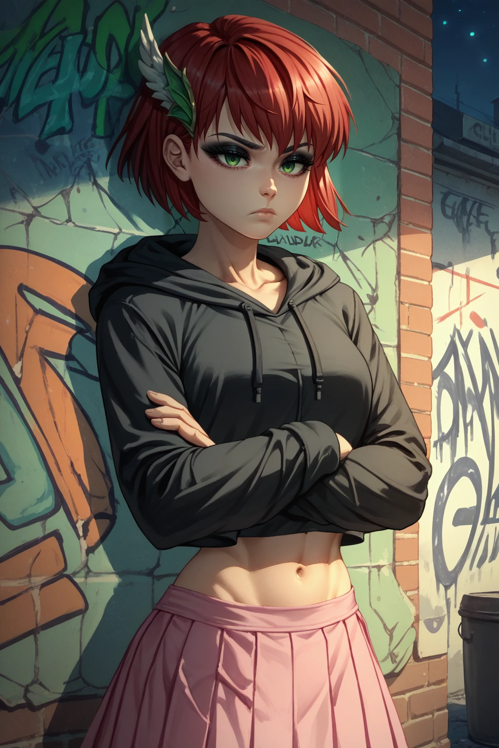 score_9, score_8_up, score_7_up, <lora:NSPriscillaFE7:1> NSPriscillaFE7, red hair, green eyes, short hair, wing hair ornament, black hair ornament, black hoodie, pink skirt, pleated skirt, crossed arms, expressionless face, black eyeshadow, navel, cropped hoodie, alleyway, graffiti, night