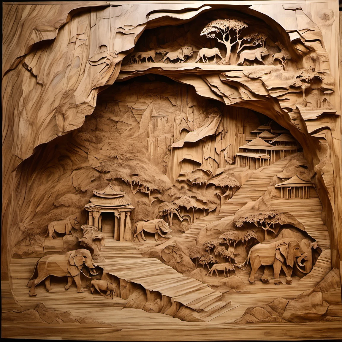 woodenart,wooden, inked drawing, mural, ancient civilization, cave,<lora:woodenart:1>,