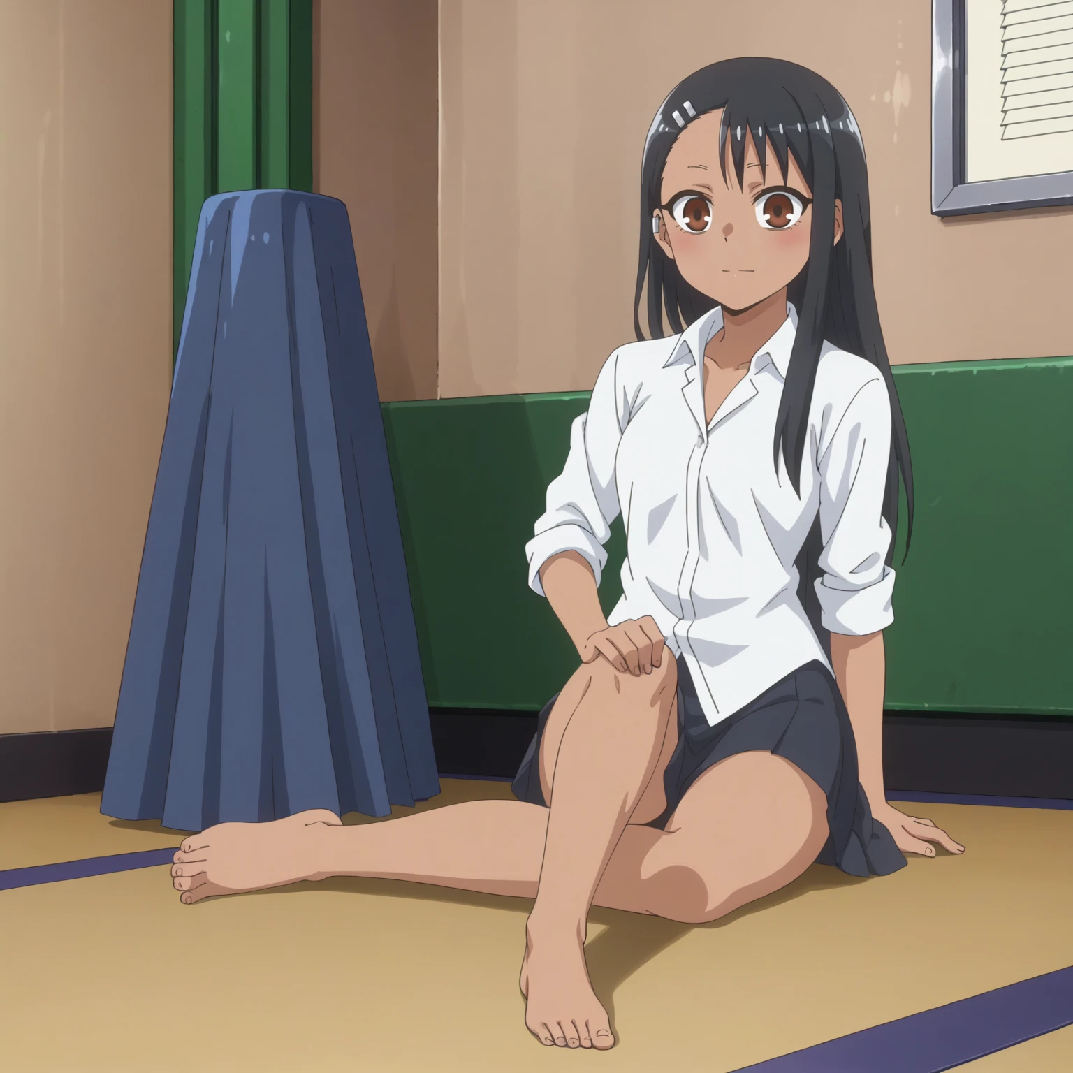 <lora:HayaseNagatoroXLpony003>,
solo,
HayaseNagatoro,1girl,black hair,long hair,brown eyes,
white shirt,dress shirt,
blue skirt,
full body,sitting,