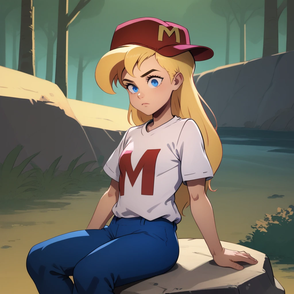 score_7_up, BREAK, 1girl, solo, Maxine, blonde hair, long hair, blue eyes, red hat, white shirt, short sleeves shirt, blue pants, <lora:Maxine_MightyMax_PXL_Leaf1:1>, cowboy shot,   outdoors, sitting on rock,